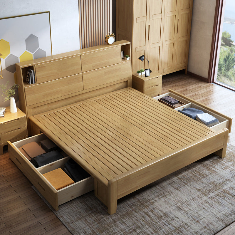 Solid Wood Bed Frame with Headboard Scandinavian Bed with Storage