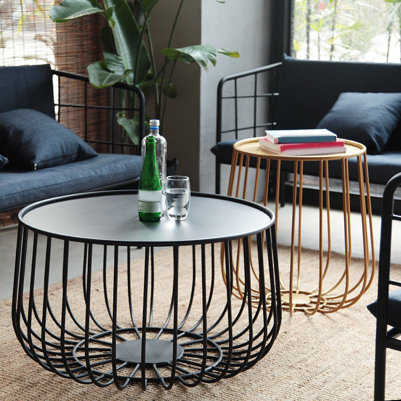 Mid-century Modern Round Iron Coffee Table, Brass/Black Frame Cocktail Table with Storage