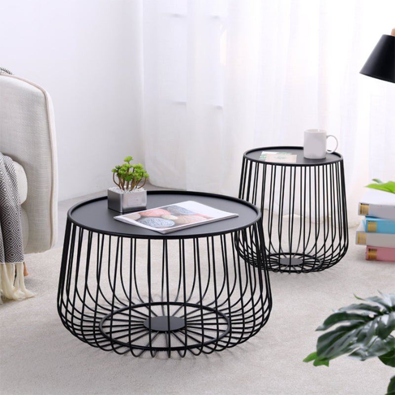 Mid-century Modern Round Iron Coffee Table, Brass/Black Frame Cocktail Table with Storage
