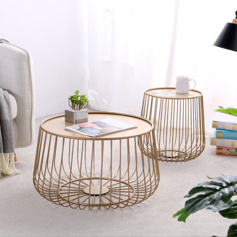 Mid-century Modern Round Iron Coffee Table, Brass/Black Frame Cocktail Table with Storage