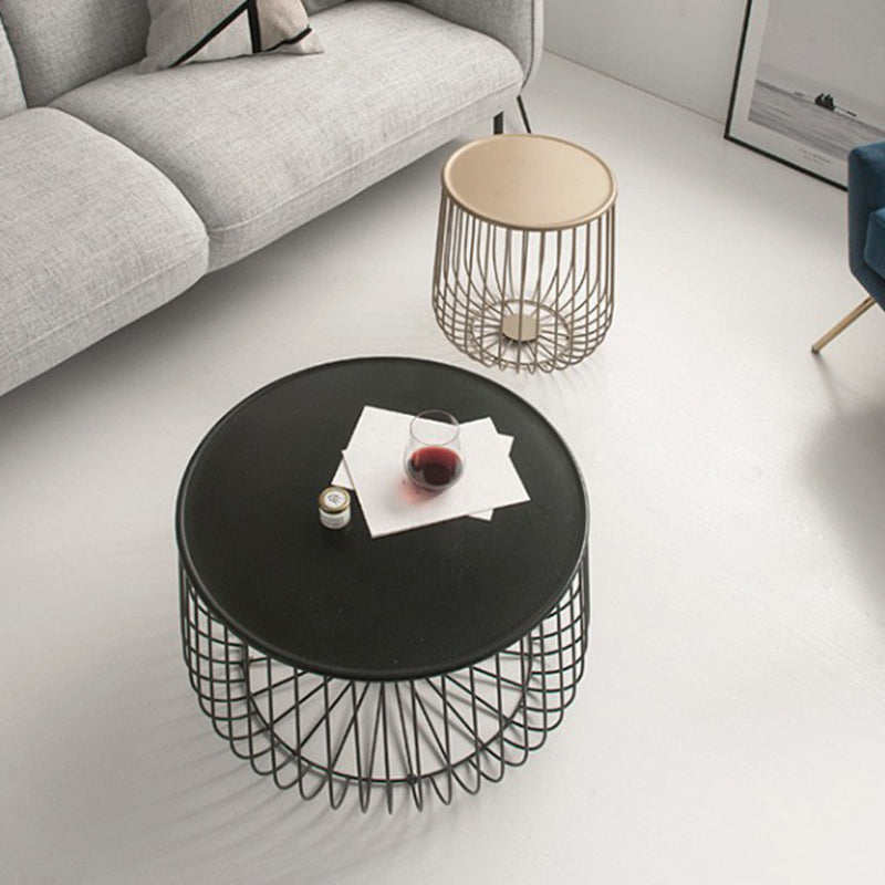 Mid-century Modern Round Iron Coffee Table, Brass/Black Frame Cocktail Table with Storage
