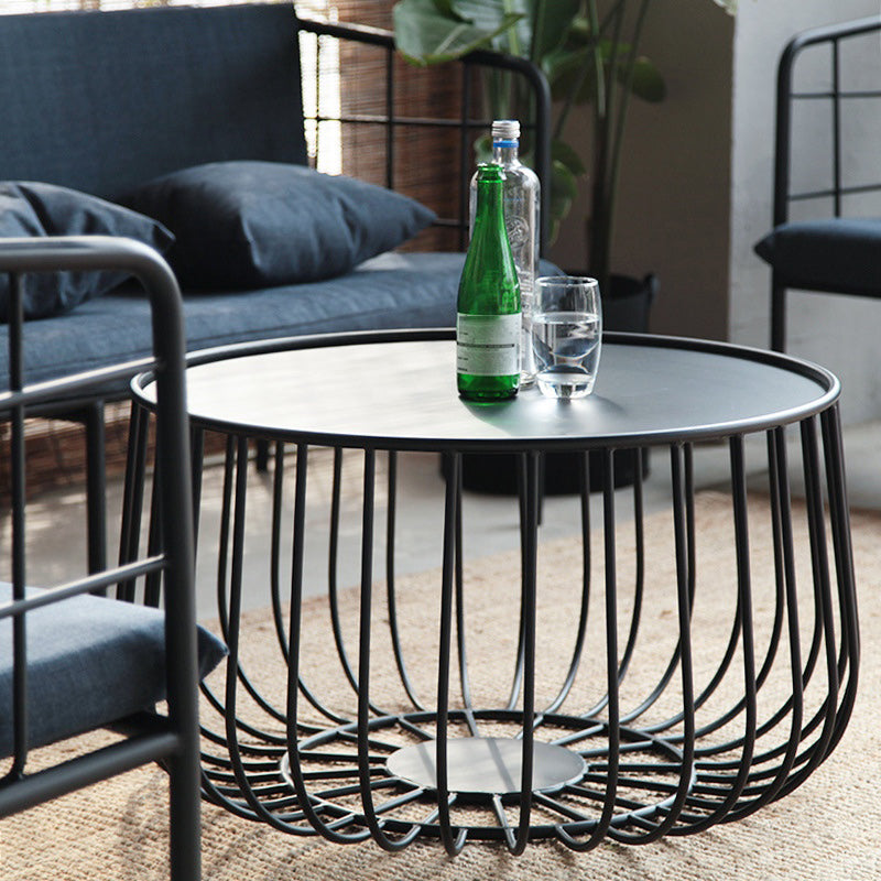 Mid-century Modern Round Iron Coffee Table, Brass/Black Frame Cocktail Table with Storage