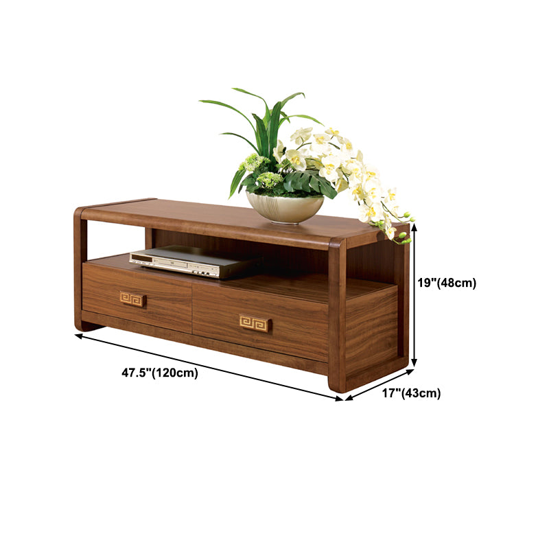 Brown Rubber Wood TV Stand Contemporary Style TV Cabinet with 2 Drawers