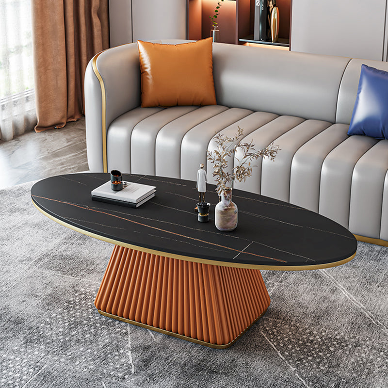 15.7"Tall Iron Pedestal Black/ White Oval Slate Top Coffee Table