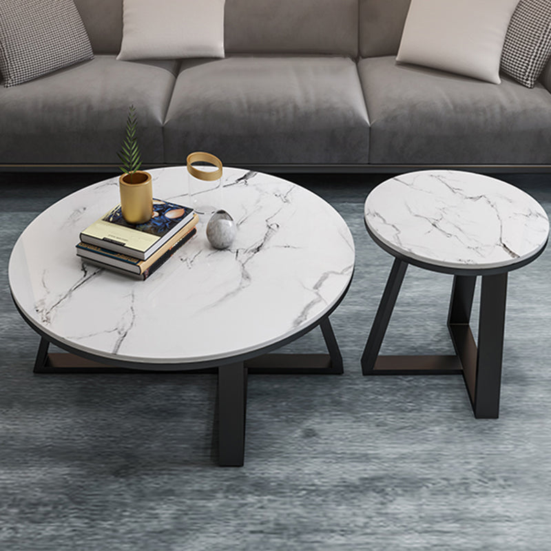 15.7"Tall Cross Legs Black / White Round Slate Top Coffee Table