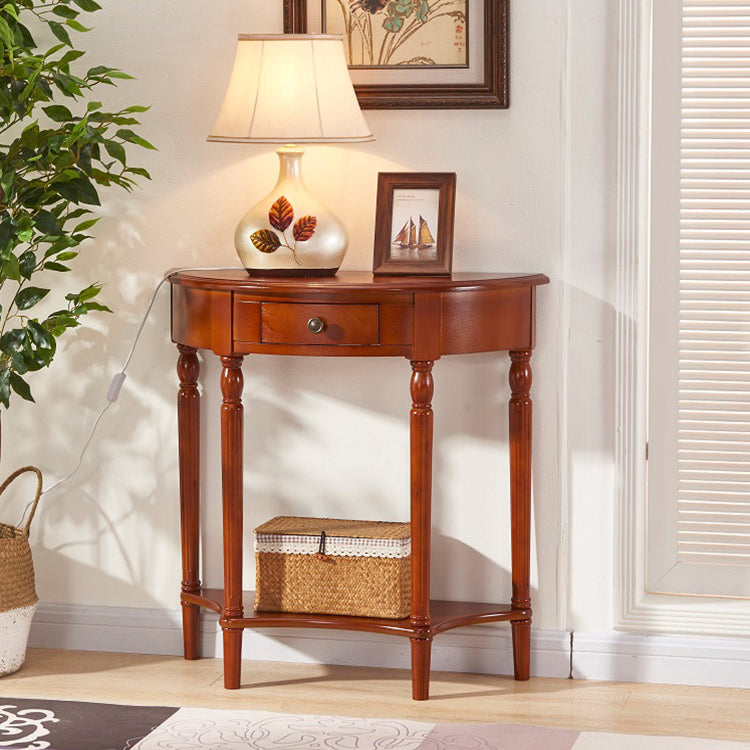 Rubbered Wood Console Table Solid Wood Accent Table with Drawer and Shelf
