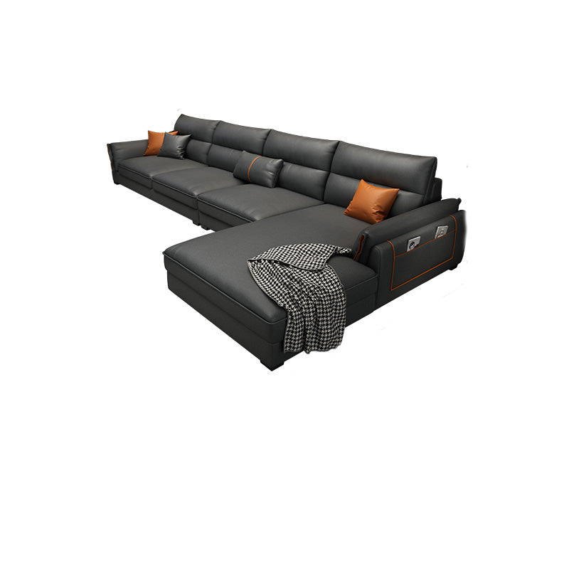 Recessed Arm Dark Gray Modern Chaise Faux Leather L-Shape Sofa