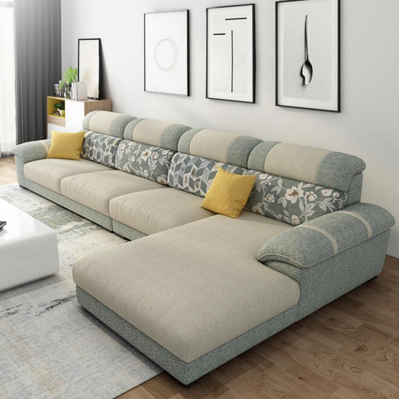 Cushion Back Contemporary Chaise Cotton 4-Seater Modular Sofa