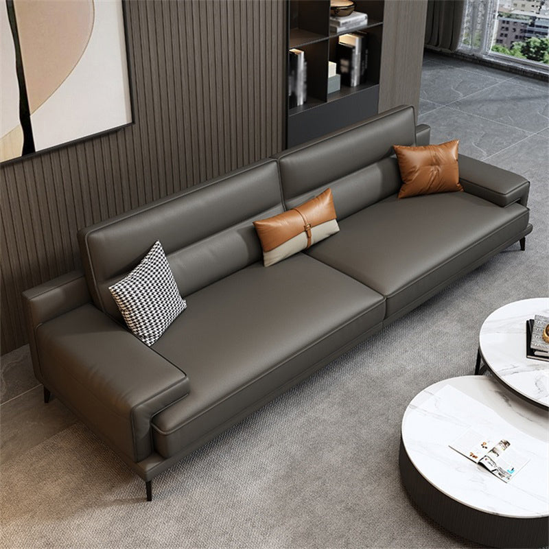 Genuine Leather Stationary Stain Resistant Living Room Gray Sofa