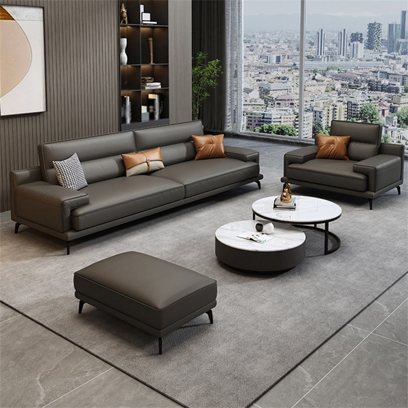 Genuine Leather Stationary Stain Resistant Living Room Gray Sofa