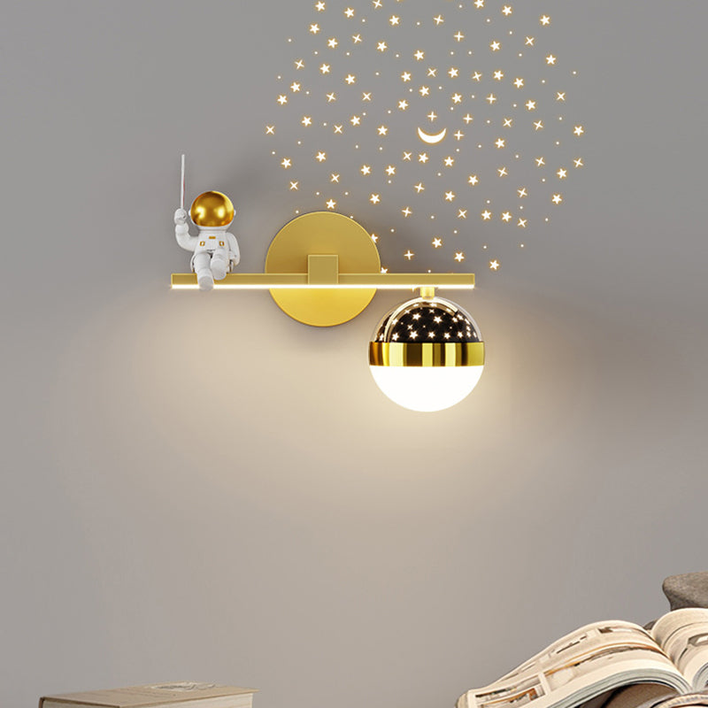 Kids Astronaut Wall Lamp Metal Sconce Lighting in Black and Gold for Bedroom