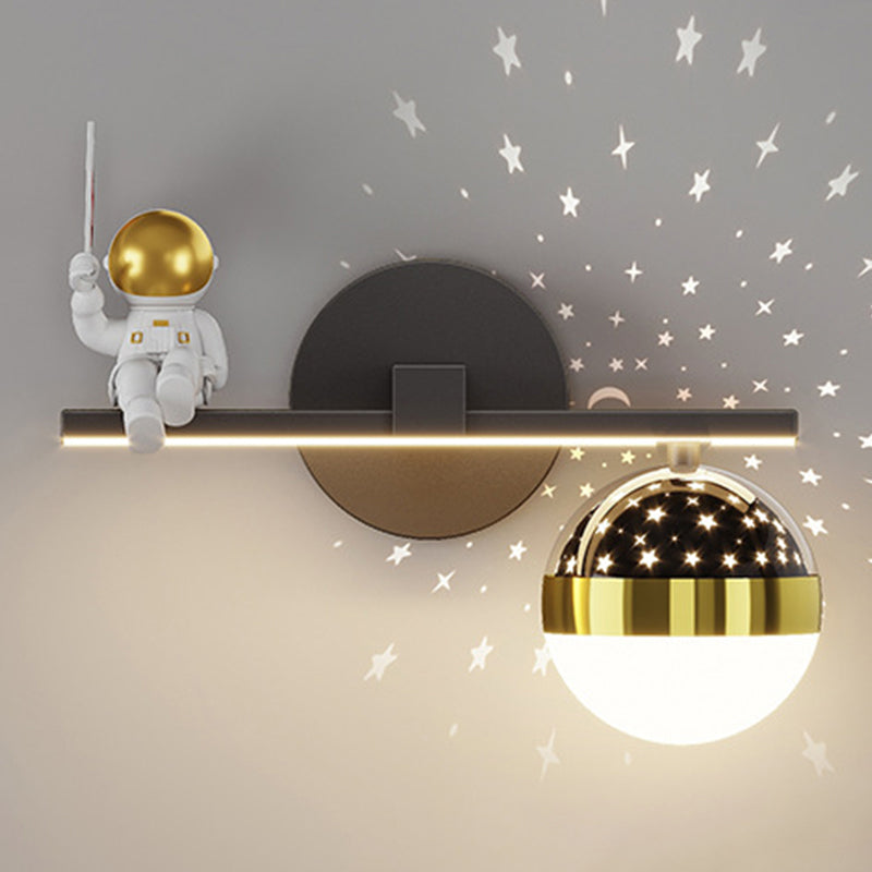 Kids Astronaut Wall Lamp Metal Sconce Lighting in Black and Gold for Bedroom