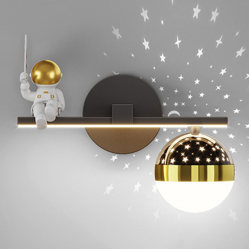 Kids Astronaut Wall Lamp Metal Sconce Lighting in Black and Gold for Bedroom