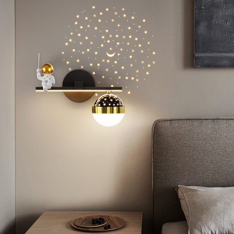 Kids Astronaut Wall Lamp Metal Sconce Lighting in Black and Gold for Bedroom