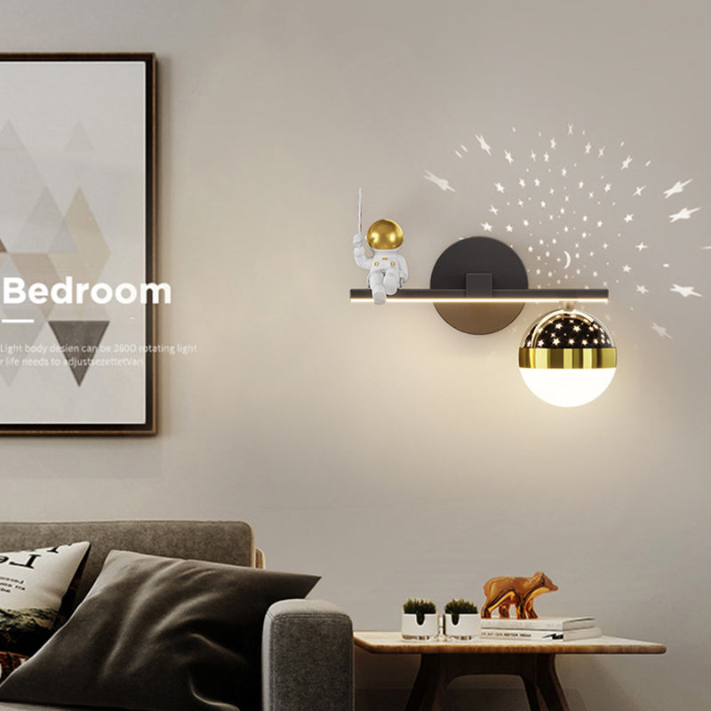 Kids Astronaut Wall Lamp Metal Sconce Lighting in Black and Gold for Bedroom
