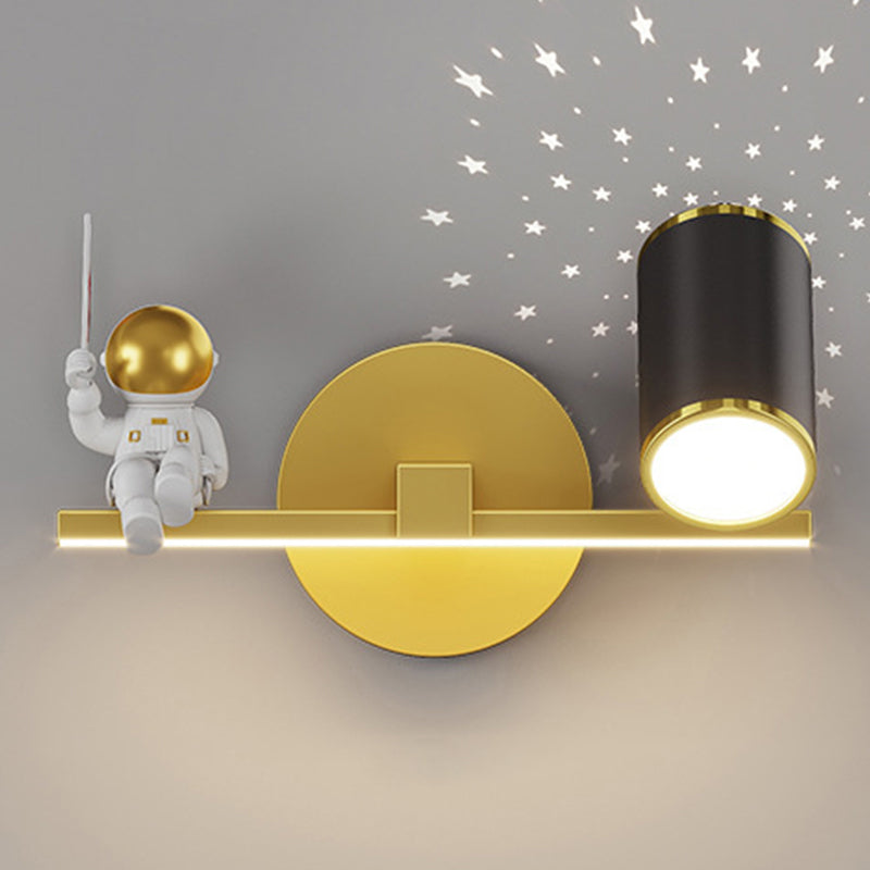 Kids Astronaut Wall Lamp Metal Sconce Lighting in Black and Gold for Bedroom