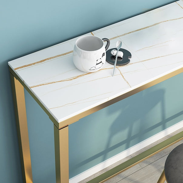 1/3 Pieces Glam Iron Bar Table Set Rectangle White Stone Top Bistro Set with Footrest