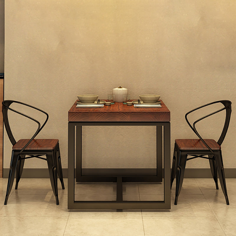 Solid Wood Top Dining Table Industrial Square Black Iron Trestle Base Table