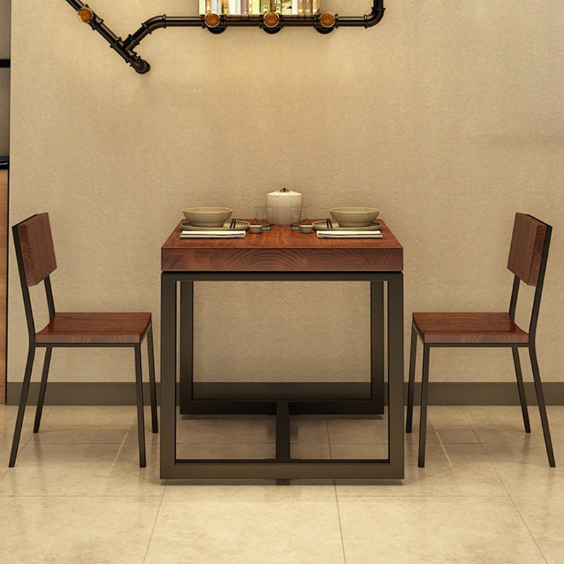 Solid Wood Top Dining Table Industrial Square Black Iron Trestle Base Table