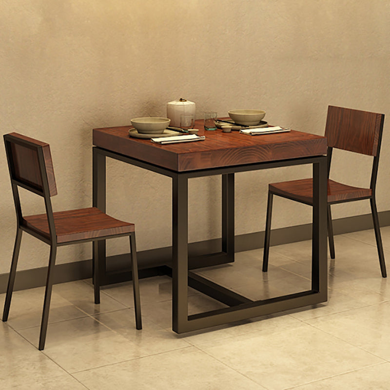 Solid Wood Top Dining Table Industrial Square Black Iron Trestle Base Table