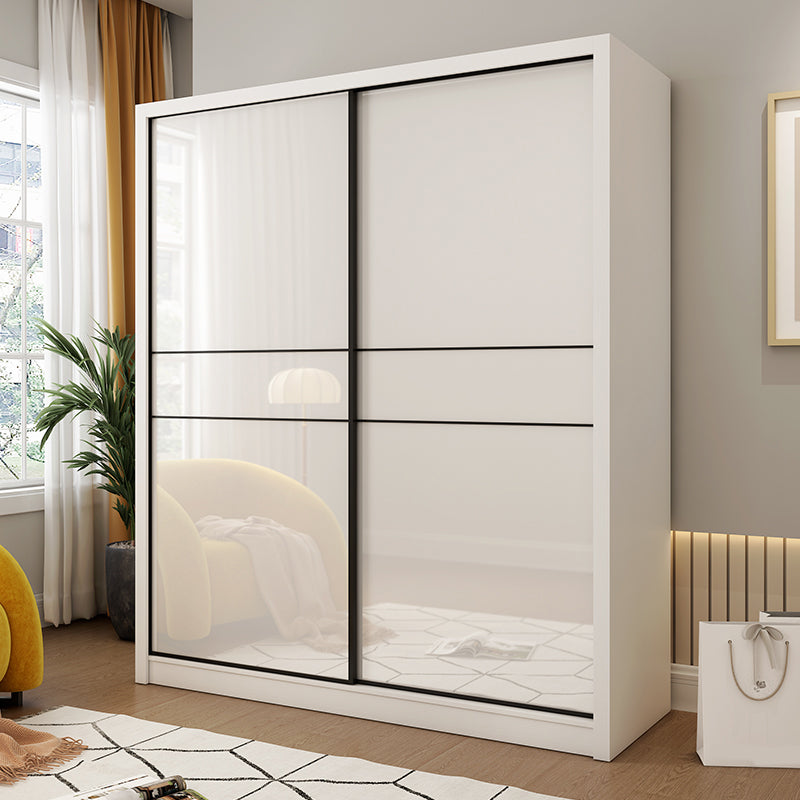 White Mirrored Finish Wardrobe Cabinet Modern Engineered Wood Wardrobe