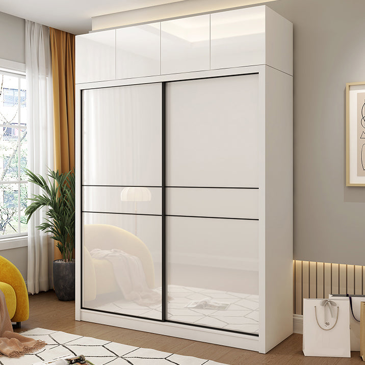 White Mirrored Finish Wardrobe Cabinet Modern Engineered Wood Wardrobe