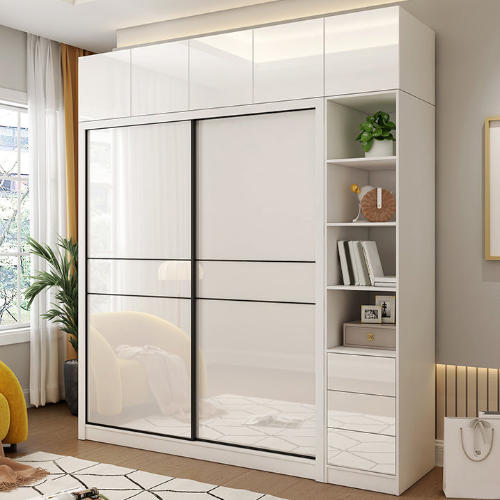 White Mirrored Finish Wardrobe Cabinet Modern Engineered Wood Wardrobe