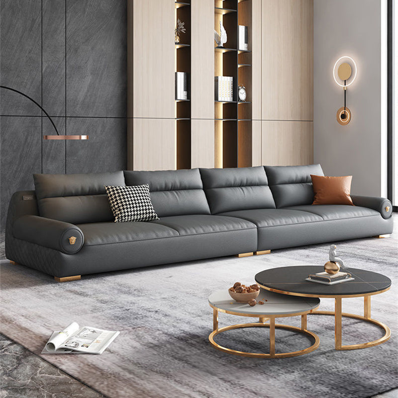 Stain Resistant Faux Leather Round Arm Sofa Standard Sofa with Sewn Pillow Back