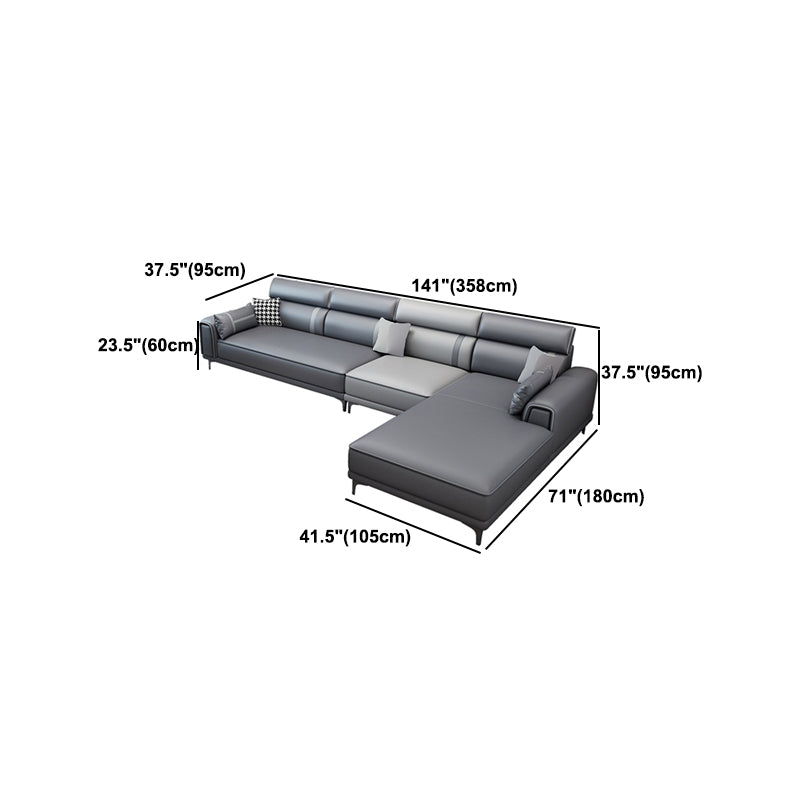 Contemporary Sofa & Chaise in Grey Square Arm Sectional with Bolster Pillows