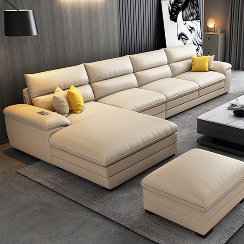 Contemporary Genuine Leather Sectional Pillow Top Arm Sectional in Beige