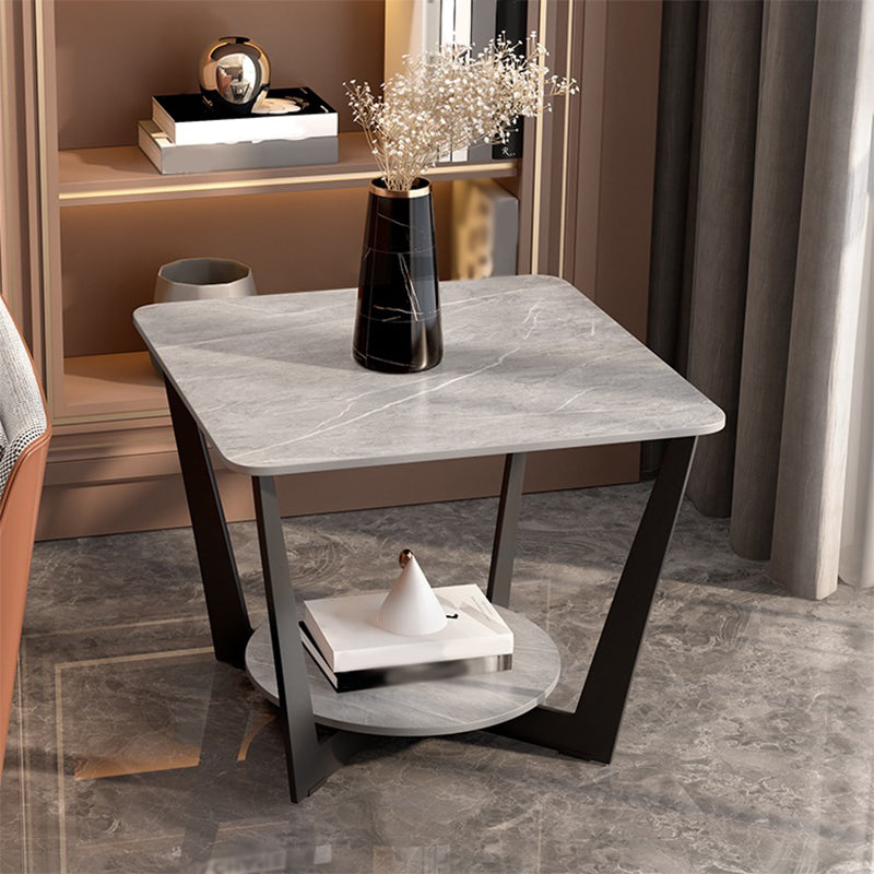 Square Marble Top End Table Metal Frame Sofa Side End Table with Shelf