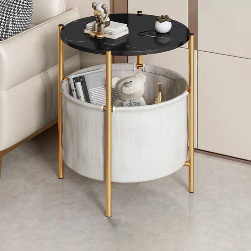 Modern Style Rock Slab Table Top Metal Steel Base with Circular Storage Space Side Table