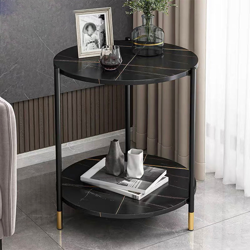 Modern Style Rock Slab Table Top Metal Steel Base with Circular Storage Space Side Table
