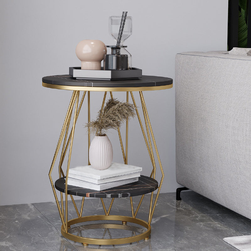 Frame Pedestal Design Gold/black Iron Pedestal Rock Slab Table Top with Shelf Side Table