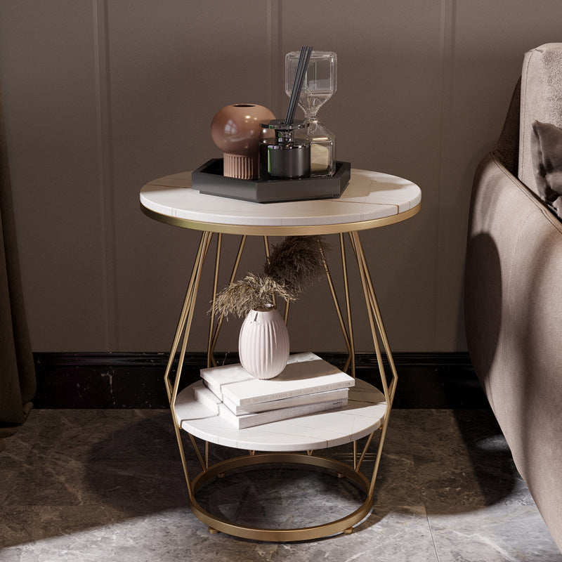 Frame Pedestal Design Gold/black Iron Pedestal Rock Slab Table Top with Shelf Side Table