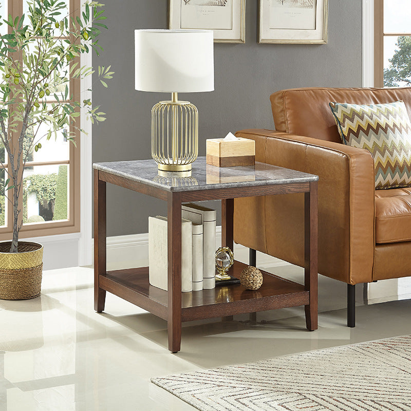 Farmhouse Square Wood Top End Table 4 Legs Sofa Side Table with Shelves