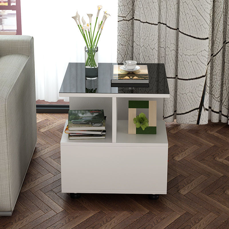 Transitional Square Glass Top End Table Portable Sofa Side Table with Shelves