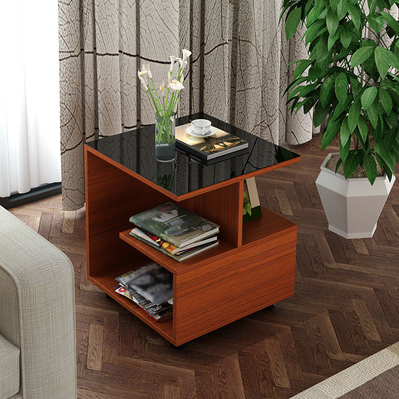 Transitional Square Glass Top End Table Portable Sofa Side Table with Shelves