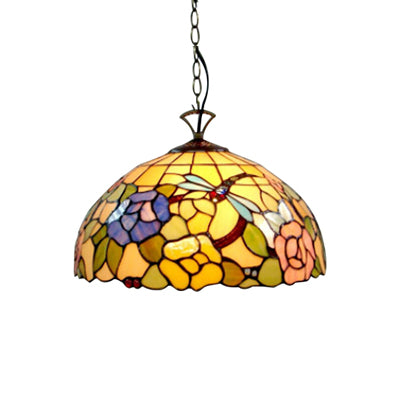 Tiffany Multi-Colored Pendant Light with Flower and Dragonfly 12"/16" W Domed Shade Glass Hanging Light for Kitchen
