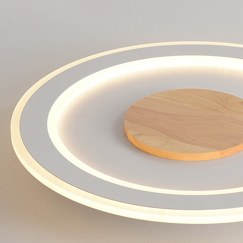 White Circle Flush Light Modern Wood LED Ceiling Light Fixture for Bedroom