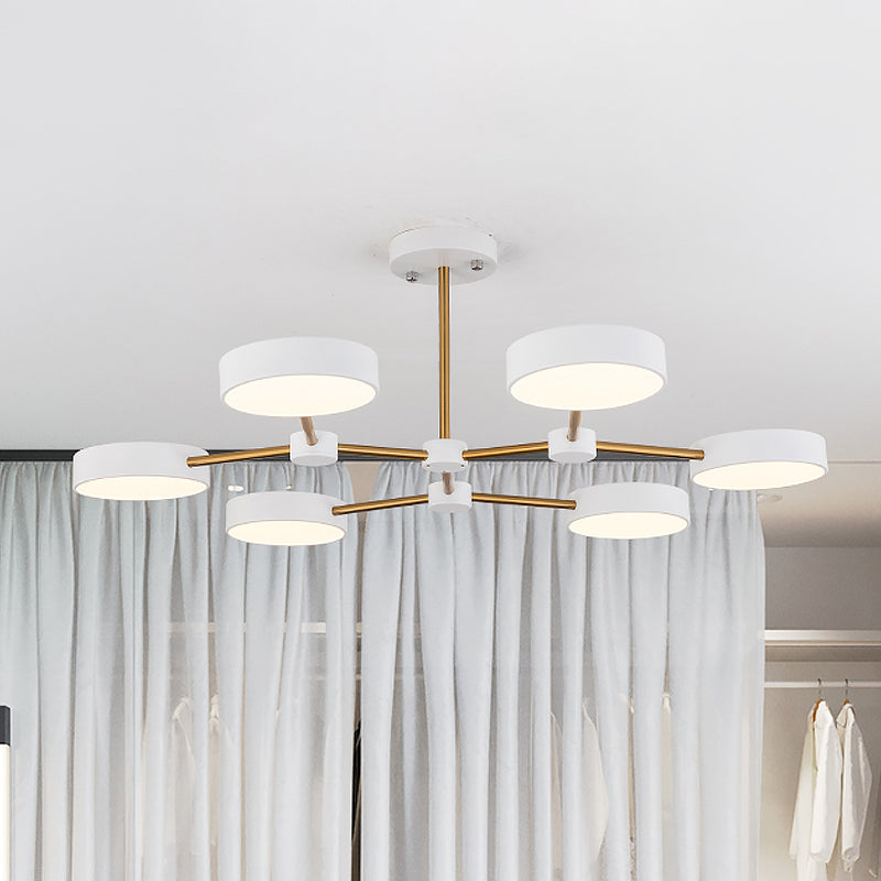 Drum Pendant Chandelier Modern Metallic 6 Lights Black/White Finish Branch Hanging Ceiling Lamp