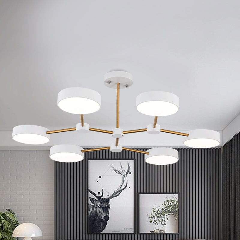 Drum Pendant Chandelier Modern Metallic 6 Lights Black/White Finish Branch Hanging Ceiling Lamp