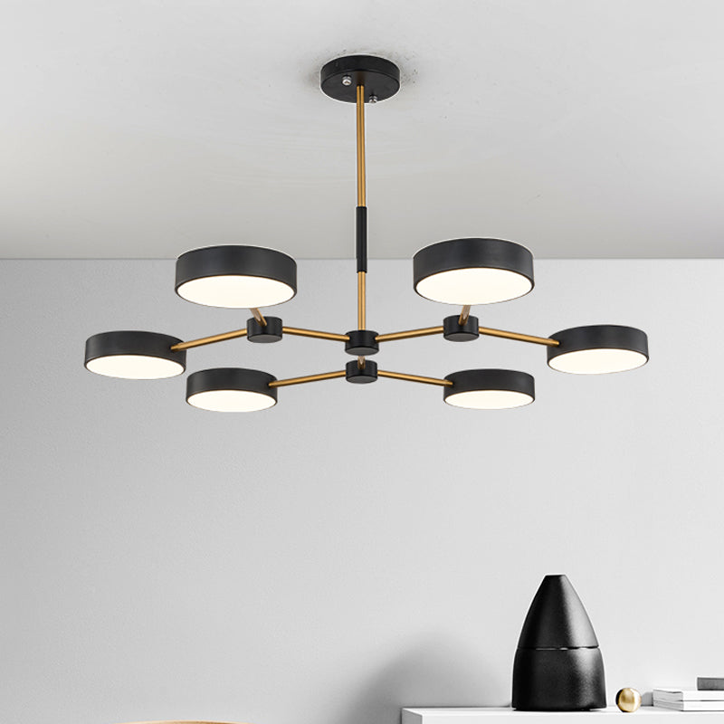 Drum Pendant Chandelier Modern Metallic 6 Lights Black/White Finish Branch Hanging Ceiling Lamp