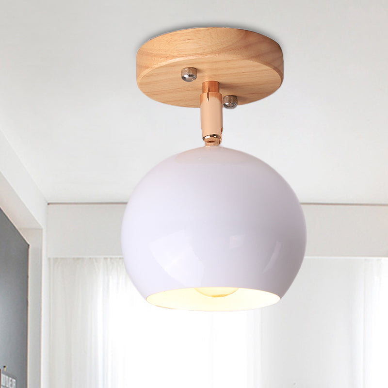 White/Green Ball Flush Mounted Light Simple 1-Bulb Adjustable Semi Ceiling Flush Mount with Round Wood Canopy