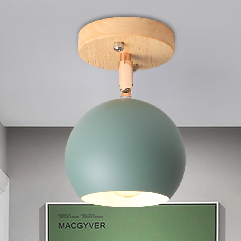 White/Green Ball Flush Mounted Light Simple 1-Bulb Adjustable Semi Ceiling Flush Mount with Round Wood Canopy