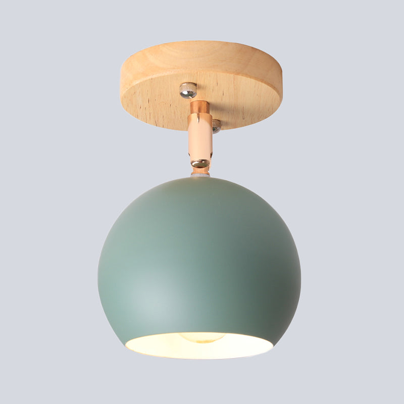 White/Green Ball Flush Mounted Light Simple 1-Bulb Adjustable Semi Ceiling Flush Mount with Round Wood Canopy