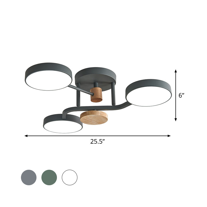 Round Semi Flushmount Lighting Macaron Metallic LED Bedroom Flush Mount Lamp Fixture in Grey/White/Green with Curved Arm