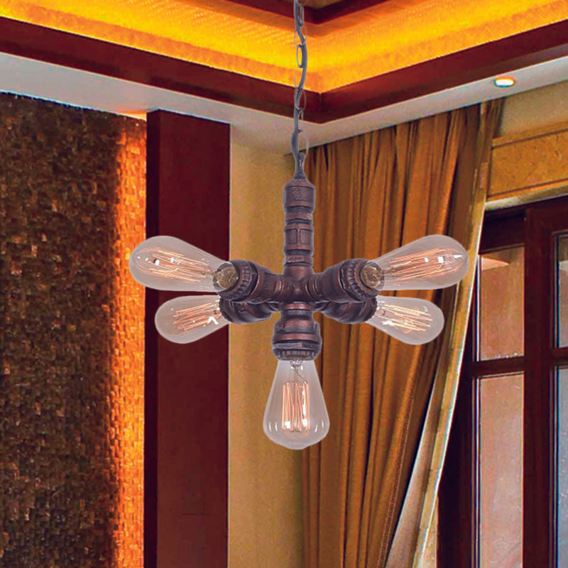 5-Bulb Metal Ceiling Chandelier Antiqued Copper Finish Sputnik Pipe Living Room Suspension Lamp