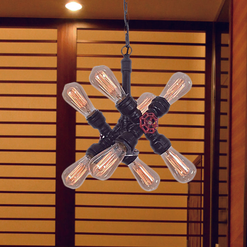 Farmhouse Cross Pipe Pendant Chandelier 8 Lights Metal Hanging Ceiling Lamp in Black for Living Room