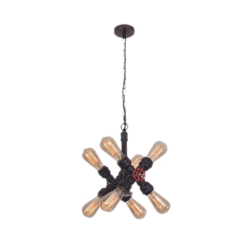 Farmhouse Cross Pipe Pendant Chandelier 8 Lights Metal Hanging Ceiling Lamp in Black for Living Room